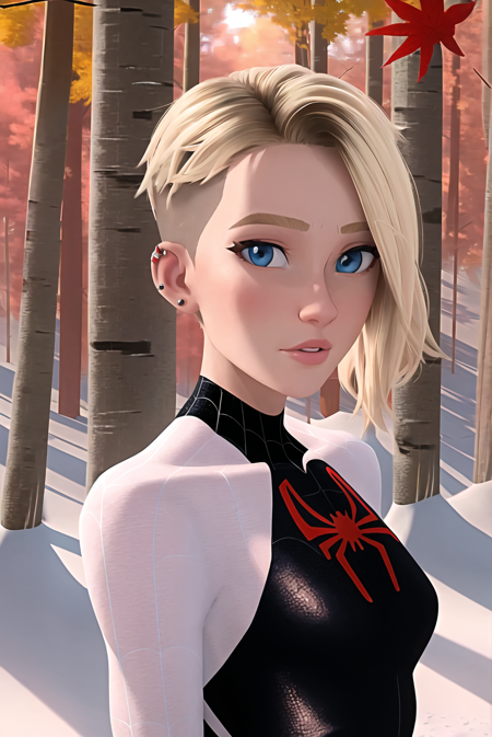 3978523981-581396674-spiderverse style, 1girl, solo, blonde hair, tree, blue eyes, bodysuit, short hair, snow, looking at viewer, forest, autumn leav.png
